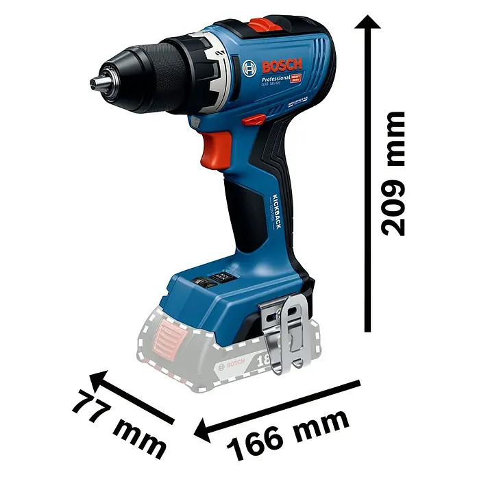 Bosch Professional AMPShare 18V Akku-Bohrschrauber GSR 18V-65 - 18 V, Ohne Akku, 76 Nm, Ohne Akku, mit L-BOXX - Abbildung eines Bosch Professional GSR 18V-65 Akku-Bohrschraubers mit Abmessungen.