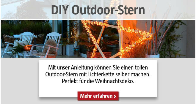 Selbstgemachter Outdoor-Stern mit Lichterkette auf der Terrasse