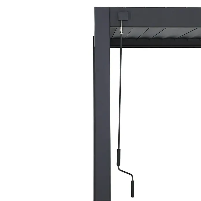 Mirador Pergola Classic 111 - B x T: 300 x 300 cm, Anthrazit, Material Gestell: Aluminium - Detailaufnahme einer modernen Pergola mit Lamellendach und grauem Rahmen, die einen stilvollen und schattigen Außenbereich schafft.
