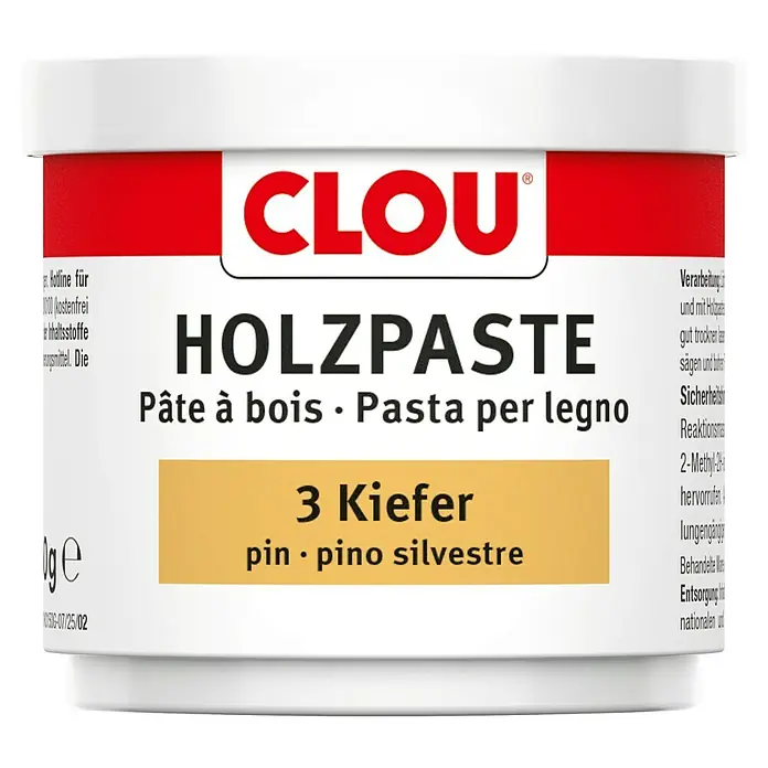 Clou Holzpaste - Kiefer, 150 g - Abbildung einer Dose Clou Holzpaste, einer Holzpaste zum Ausbessern von Holz in der Farbe Kiefer, zur Holzreparatur.