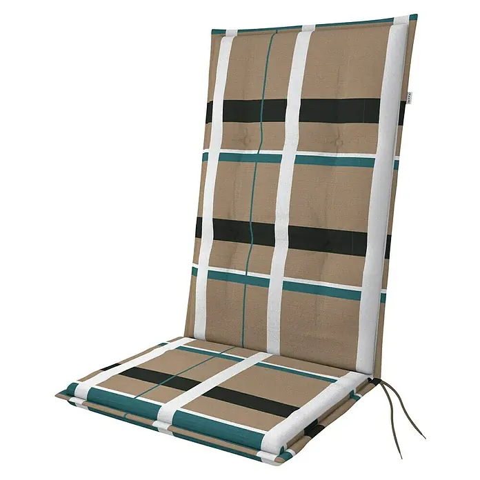 Doppler Sitzauflage Living Karo - Hochlehner, L x B x H: 119 x 48 x 6 cm, Polyester, Baumwolle, Beige/Weiß - Gepolsterte Stuhlauflage mit kariertem Muster in Braun-, Schwarz- und Türkistönen, ideal für zusätzlichen Komfort im Garten oder auf der Terrasse.
