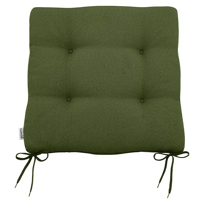 Doppler Sitzkissen Life - L x B x H: 45 x 45 x 4 cm, Grün - Nahaufnahme eines grünen Sitzkissens mit vier Knöpfen und Bändern zum Befestigen, ideal für Stühle und Bänke im Innen- und Außenbereich.