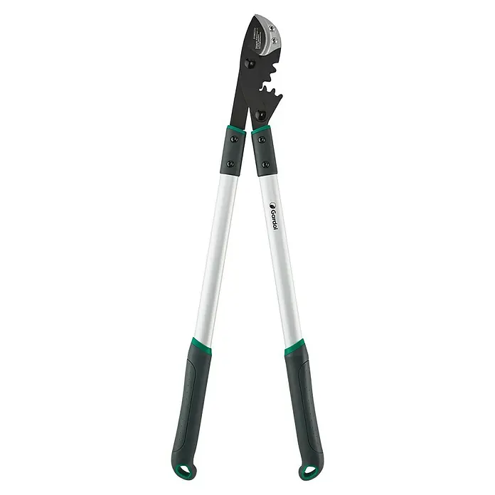 Gardol Comfort Getriebe-Astschere GDA42 - Max. Aststärke: 42 mm - Eine Astschere von Gardol mit silbernen Griffen, schwarzen Griffstücken und einem schwarzen Scherenkopf mit silberner Klinge für den Gartenschnitt.