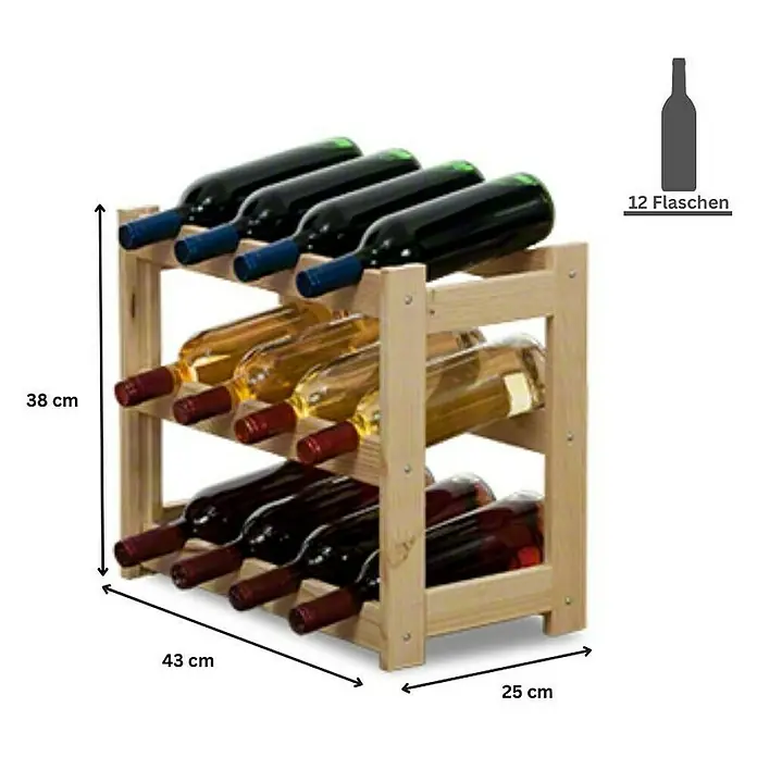 Proregal Flaschenregal Weinregal PINOTWINE für 12 Flaschen - L x B x H: 25 x 43 x 38 cm, Holz - Bild eines hölzernen Weinregals für 12 Flaschen, mit Abmessungen (38 cm Höhe, 43 cm Breite, 25 cm Tiefe), gefüllt mit Rot- und Weißweinflaschen.