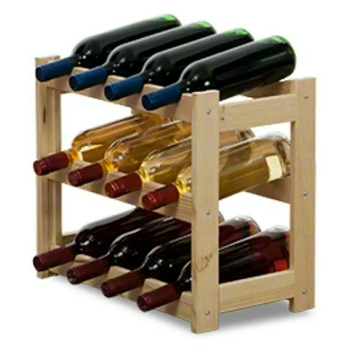 Proregal Flaschenregal Weinregal PINOTWINE für 12 Flaschen - L x B x H: 25 x 43 x 38 cm, Holz - Ein Weinregal aus Holz mit drei Ebenen, gefüllt mit Rot-, Weiß- und Roséweinflaschen, die sicher und stilvoll gelagert werden.
