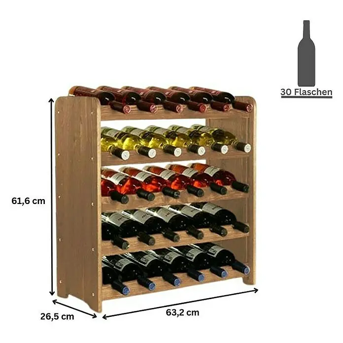 Proregal Flaschenregal Weinregal PINOTWINE C für 30 Flaschen - L x B x H: 26,5 x 63,2 x 61,6 cm, Holz - Abbildung eines Weinregals aus Holz mit 5 Ebenen, gefüllt mit Weinflaschen, mit Maßangaben.