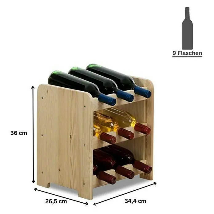 Proregal Flaschenregal Weinregal PINOTWINE C für 9 Flaschen - L x B x H: 26,5 x 34,4 x 36 cm, Holz - Weinregal aus hellem Holz für 9 Flaschen mit den Maßen 36 x 26,5 x 34,4 cm.