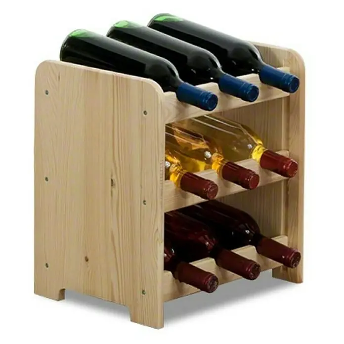 Proregal Flaschenregal Weinregal PINOTWINE C für 9 Flaschen - L x B x H: 26,5 x 34,4 x 36 cm, Holz - Weinregal aus hellem Holz mit drei Ebenen und verschiedenen Weinsorten. Praktische Weinlagerung für Zuhause.