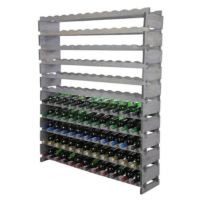 Proregal Flaschenregal Weinregal VINOTECA FLEX PRO für 132 Flaschen - L x B x H: 28 x 123 x 149 cm, Holz, Anzahl Böden: 11 Stk. - Dieses Bild zeigt ein großes Weinregal aus grauem Holz mit mehreren Reihen, gefüllt mit Weinflaschen, die mit verschiedenen Farben gekennzeichnet sind.