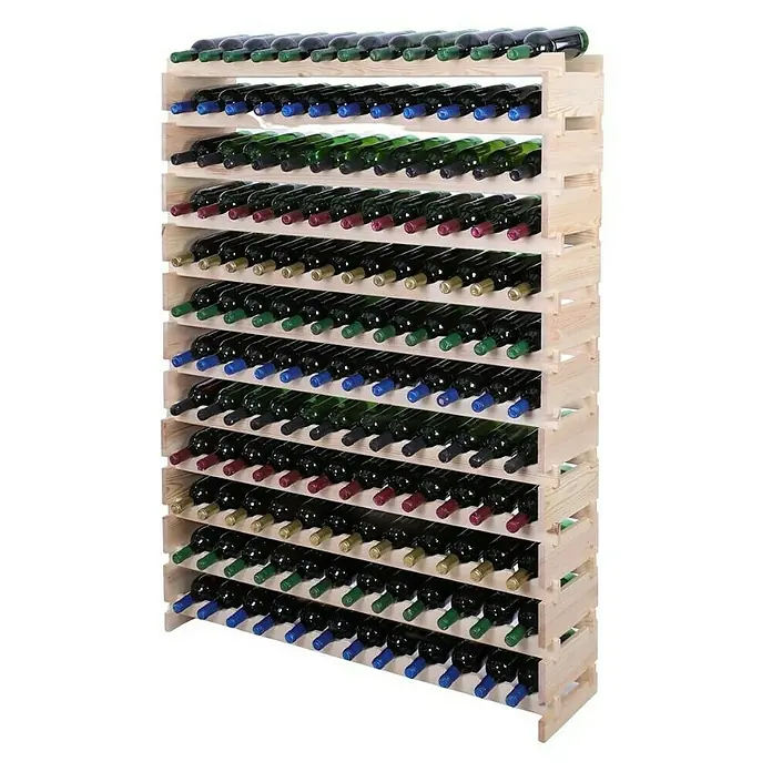 Proregal Flaschenregal Weinregal VINOTECA FLEX PRO für 144 Flaschen - L x B x H: 28 x 123 x 163 cm, Holz, Anzahl Böden: 12 Stk. - Ein großes Weinregal aus hellem Holz, voll mit Weinflaschen unterschiedlicher Farben, die horizontal gelagert werden.