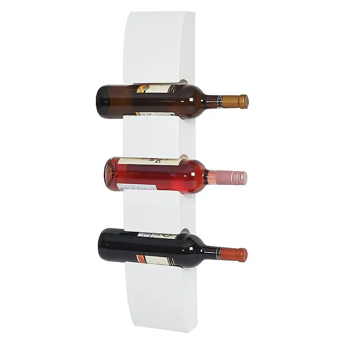 Berlinlodge Flaschenregal Weinregal für 3 Flaschen - L x B x H: 9 x 13 x 54 cm, Holz - Weinregal mit drei Flaschen Wein, ein braunes, ein Rosé und ein Rotwein, auf einem modernen weißen Weinregal.