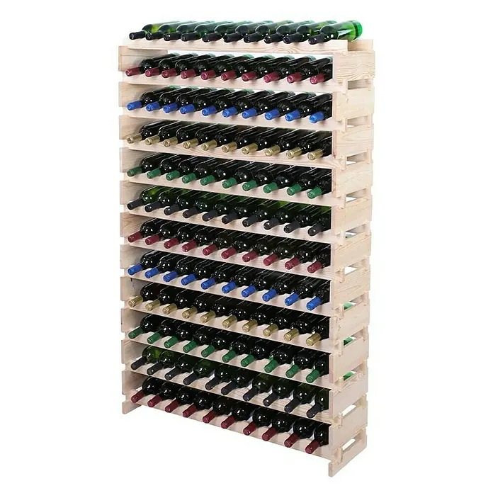 Proregal Flaschenregal Weinregal VINOTECA FLEX PRO für 120 Flaschen - L x B x H: 28 x 103 x 163 cm, Holz, Anzahl Böden: 12 Stk. - Ein großes Weinregal aus hellem Holz, gefüllt mit zahlreichen Weinflaschen verschiedener Farben und Sorten, für Weinliebhaber.