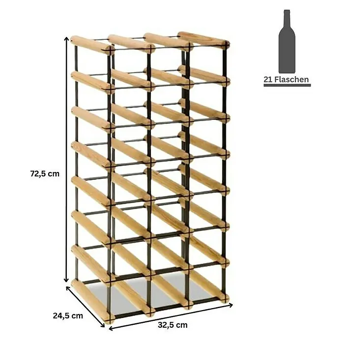 Proregal Flaschenregal Modulares Weinregal VINOTECA MOD METAL für 3x7 Flaschen - L x B x H: 24,5 x 32,5 x 72,5 cm, Holz - Bild eines Weinregals für 21 Flaschen, mit den Maßen 72,5 cm Höhe, 32,5 cm Breite und 24,5 cm Tiefe.
