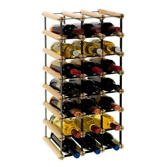 Proregal Flaschenregal Modulares Weinregal VINOTECA MOD METAL für 3x7 Flaschen - L x B x H: 24,5 x 32,5 x 72,5 cm, Holz - Ein Weinflaschenregal aus Holz und Metall, gefüllt mit verschiedenen Weinsorten, ideal für die stilvolle Lagerung von Weinliebhabern.