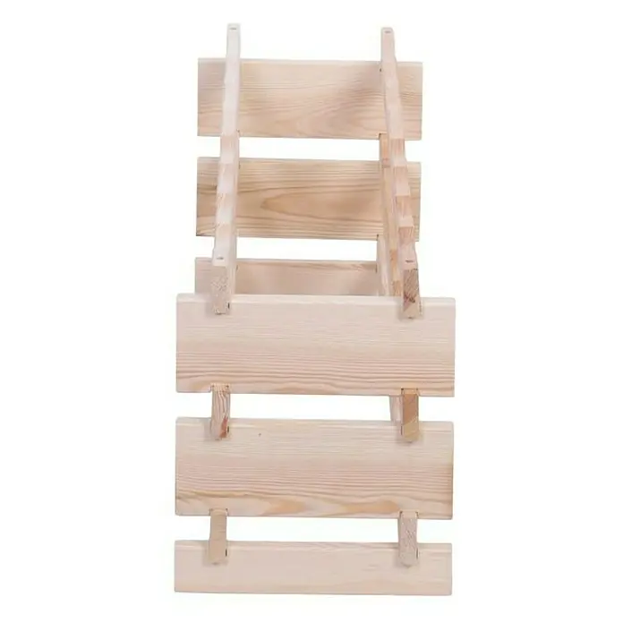Proregal Flaschenregal Weinregal VINOTECA FLEX PRO für 24 Flaschen - L x B x H: 28 x 84 x 37 cm, Holz, Anzahl Böden: 3 Stk. - Nahaufnahme eines zusammenklappbaren Holzregals. Es ist aus hellem Holz gefertigt und hat mehrere Ablageflächen.