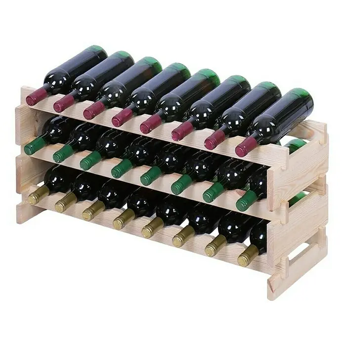 Proregal Flaschenregal Weinregal VINOTECA FLEX PRO für 24 Flaschen - L x B x H: 28 x 84 x 37 cm, Holz, Anzahl Böden: 3 Stk. - Weinregal aus Holz, gefüllt mit einer Auswahl an Weinflaschen in verschiedenen Farben. Praktische und stilvolle Weinlagerung.
