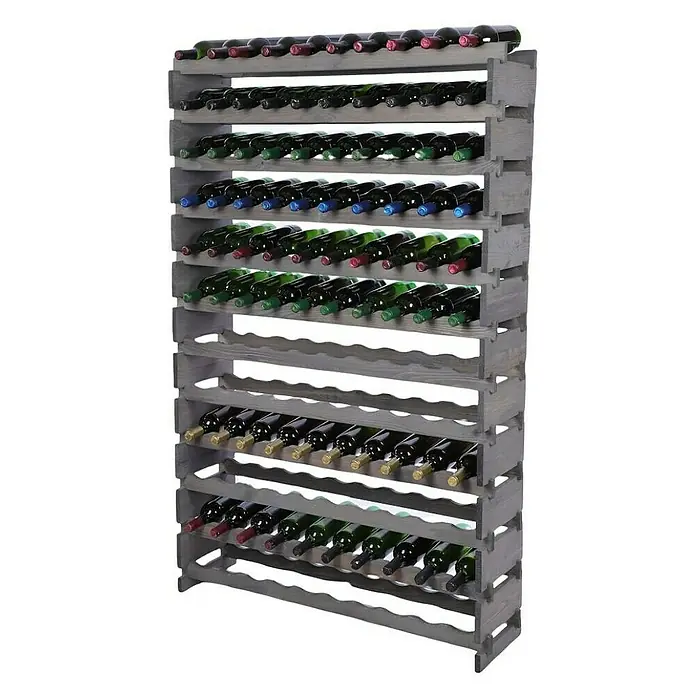 Proregal Flaschenregal Weinregal VINOTECA FLEX PRO für 120 Flaschen - L x B x H: 28 x 103 x 163 cm, Holz, Anzahl Böden: 12 Stk. - Graues Weinregal aus Holz, gefüllt mit verschiedenen Weinflaschen. Praktische und stilvolle Lagerung für Ihre Weinsammlung.