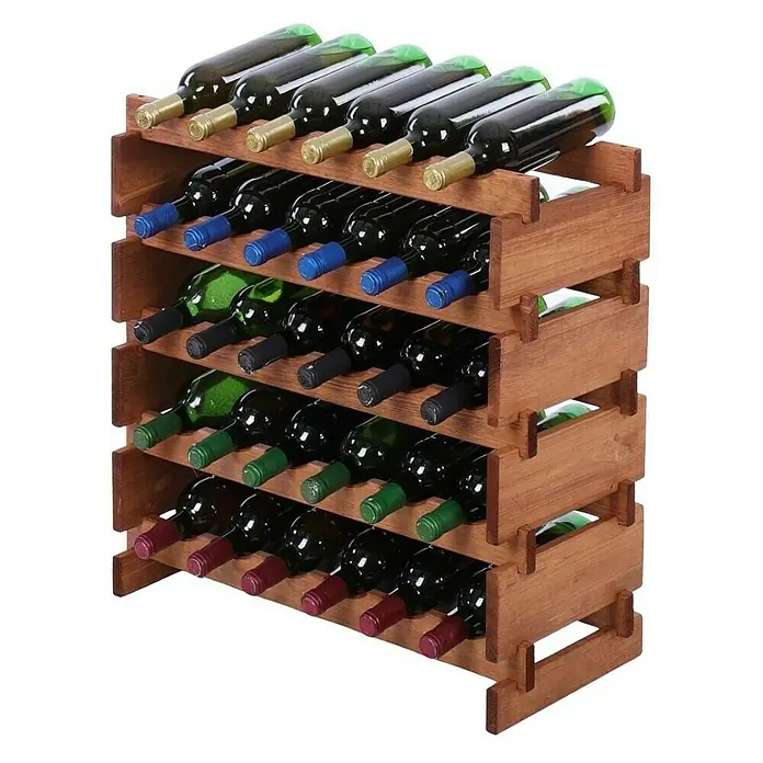 Weinregal VINOTECA FLEX PRO | HxBxT 65x65x28cm | 30 Flaschen auf 5 Ebenen | Massives Kiefernholz | Braun geölt -  - Ein rustikales Weinregal aus Holz mit mehreren Ebenen, gefüllt mit Weinflaschen verschiedener Sorten.