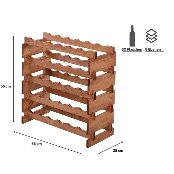 Weinregal VINOTECA FLEX PRO | HxBxT 65x65x28cm | 30 Flaschen auf 5 Ebenen | Massives Kiefernholz | Braun geölt -  - Weinflaschenregal aus Holz für 30 Flaschen. Das Regal hat 5 Ebenen und die Maße 65 cm x 65 cm x 28 cm.