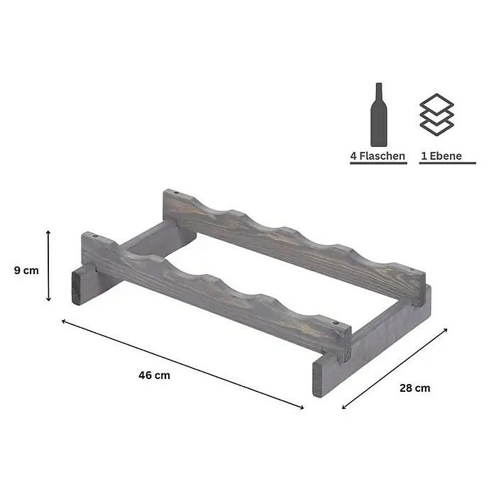 Proregal Flaschenregal Weinregal VINOTECA FLEX PRO für 4 Flaschen - L x B x H: 28 x 46 x 9 cm, Holz, Anzahl Böden: 1 Stk. - Abbildung eines Weinregals aus Holz für 4 Flaschen mit den Maßen 46 cm x 28 cm x 9 cm.