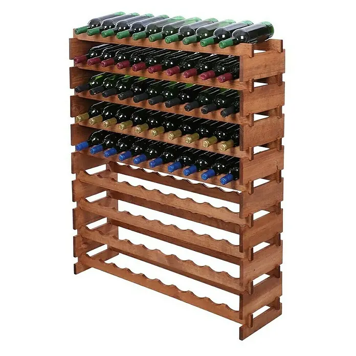 Proregal Flaschenregal Weinregal VINOTECA FLEX PRO für 90 Flaschen - L x B x H: 28 x 103 x 121 cm, Holz - Ein großes Weinregal aus Holz mit mehreren Reihen, die mit Weinflaschen verschiedener Farben gefüllt sind.