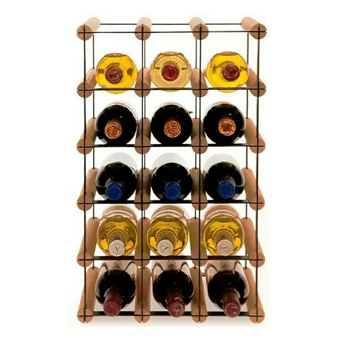 Proregal Flaschenregal Modulares Weinregal VINOTECA MOD METAL für 3x5 Flaschen - L x B x H: 24,5 x 32,5 x 52,5 cm, Holz - Weinregal mit mehreren Flaschen Wein in verschiedenen Farben, die dekorativ angeordnet sind.