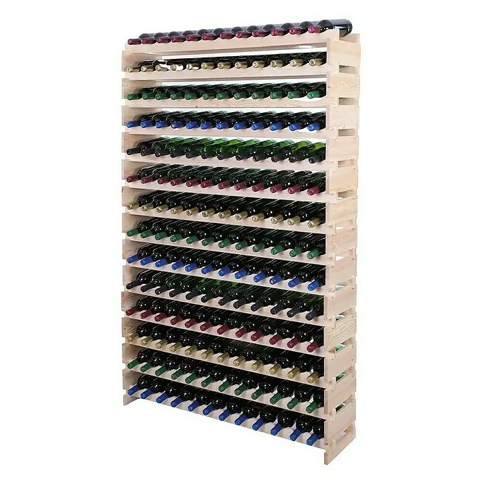 Proregal Flaschenregal Weinregal VINOTECA FLEX PRO für 168 Flaschen - L x B x H: 28 x 123 x 191 cm, Holz, Anzahl Böden: 14 Stk. - Ein hohes Weinregal aus hellem Holz, gefüllt mit mehreren Reihen von Weinflaschen in verschiedenen Farben, präsentiert eine stilvolle Weinlagerungslösung.