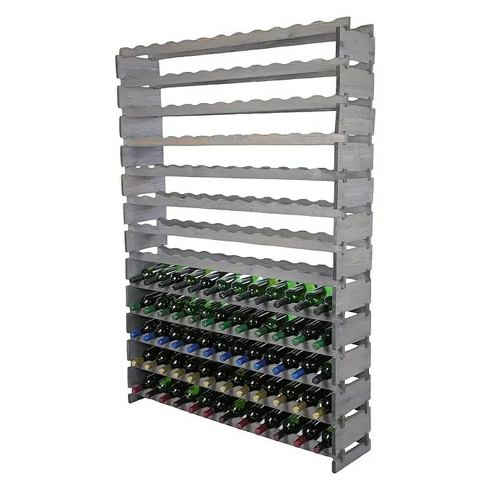 Proregal Flaschenregal Weinregal VINOTECA FLEX PRO für 156 Flaschen - L x B x H: 28 x 123 x 177 cm, Holz, Anzahl Böden: 13 Stk. - Graues Weinregal aus Holz mit mehreren Ebenen und gefüllten Weinflaschen für eine stilvolle Weinlagerung im Haushalt.