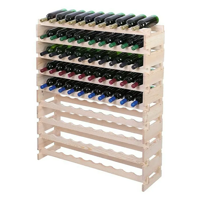 Proregal Flaschenregal Weinregal VINOTECA FLEX PRO für 90 Flaschen - L x B x H: 28 x 103 x 121 cm, Holz - Weinregal aus hellem Holz mit mehreren Ebenen, gefüllt mit verschiedenen Weinflaschen.