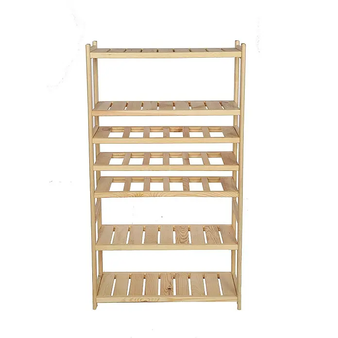 Proregal Flaschenregal Weinregal SPREEWALD für 18 Flaschen - L x B x H: 33 x 70 x 124 cm, Holz - Ein naturbelassenes Holzregal mit mehreren Ablageflächen, ideal für Schuhe oder andere Gegenstände, die ordentlich verstaut werden müssen.