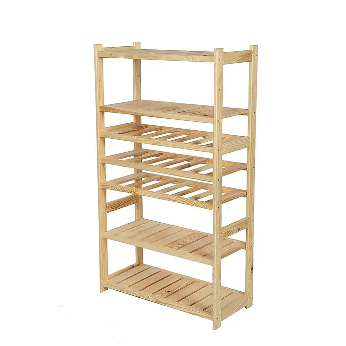 Proregal Flaschenregal Weinregal SPREEWALD für 18 Flaschen - L x B x H: 33 x 70 x 124 cm, Holz - Offenes Holzregal mit sechs Fächern, ideal für Schuhaufbewahrung oder als dekoratives Element im Haus. Natürliche Holzoptik.
