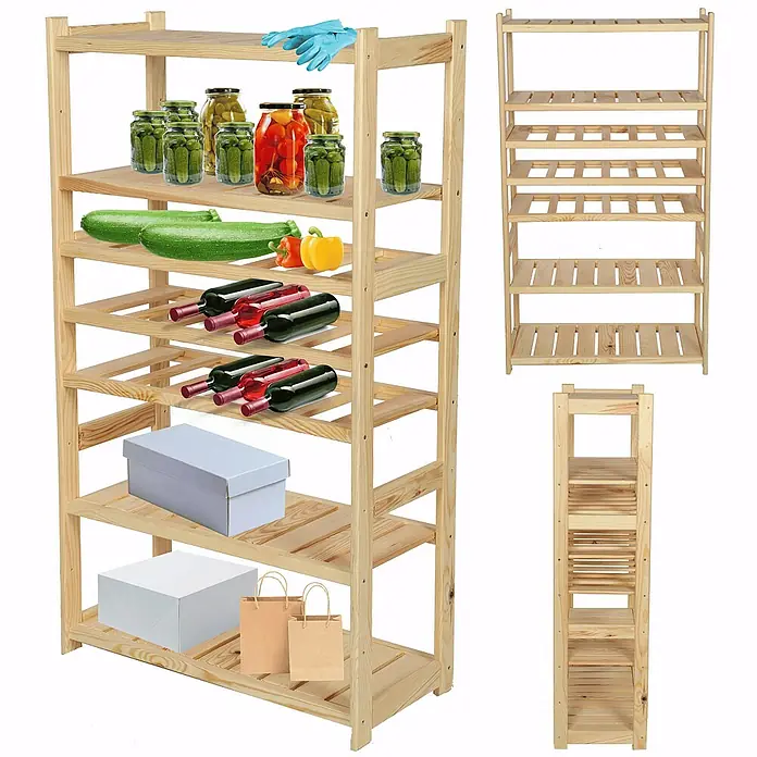 Proregal Flaschenregal Weinregal SPREEWALD für 18 Flaschen - L x B x H: 33 x 70 x 124 cm, Holz - Produktaufnahme eines Holzregals mit verschiedenen Gegenständen, das die Aufbewahrungslösung und das Design hervorhebt.