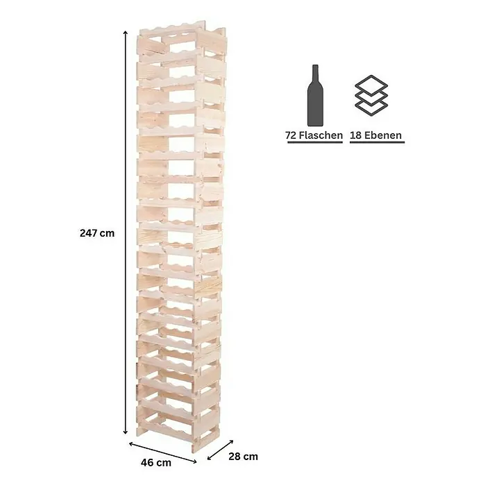 Proregal Flaschenregal Weinregal VINOTECA FLEX PRO für 72 Flaschen - L x B x H: 28 x 46 x 247 cm, Holz, Anzahl Böden: 18 Stk. - Bild eines freistehenden Holzweinregals für 72 Flaschen mit 18 Ebenen, Maße 247 cm Höhe, 46 cm Breite und 28 cm Tiefe.