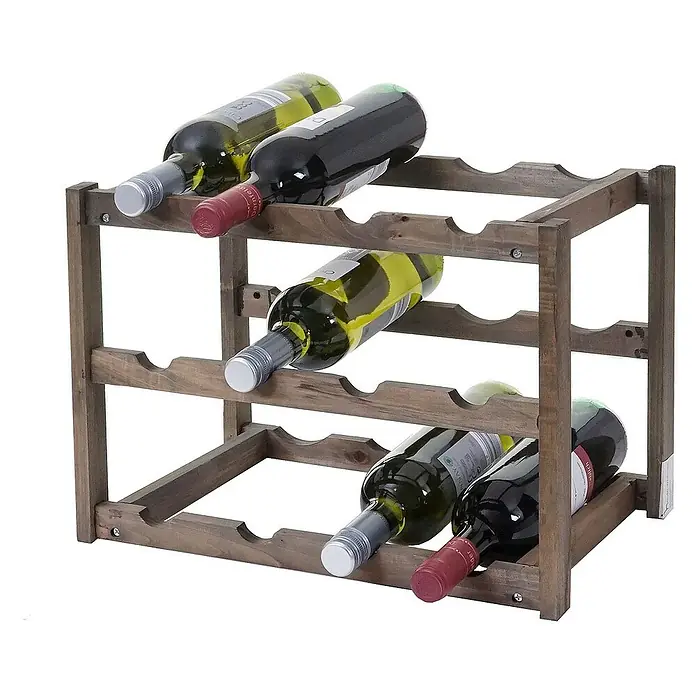 Berlinlodge Flaschenregal Weinregal für 12 Flaschen - L x B x H: 36 x 42 x 30 cm, Holz - Ein Weinflaschenregal aus Holz mit vier Weinflaschen in verschiedenen Farben. Ein dekoratives und praktisches Möbelstück für Weinliebhaber.