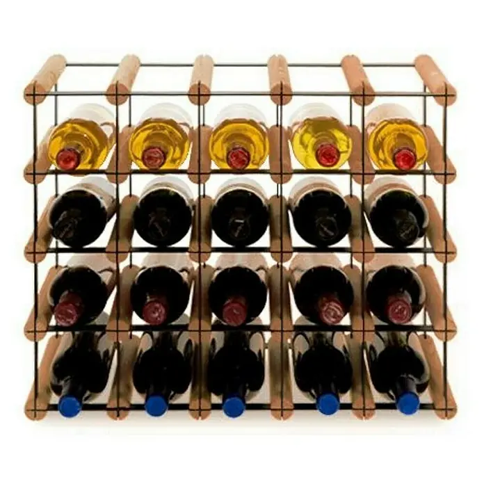 Proregal Flaschenregal Modulares Weinregal VINOTECA MOD METAL für 5x4 Flaschen - L x B x H: 24,5 x 52,5 x 42,5 cm, Holz - Weinregal mit mehreren Flaschen Wein. Die Flaschen sind in einem Holzregal aufgereiht.