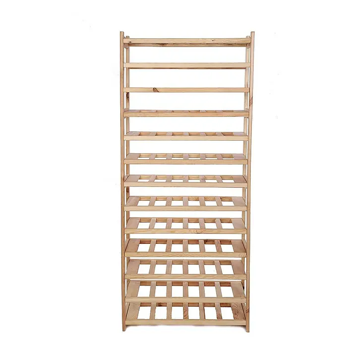 Proregal Flaschenregal Weinregal SPREEWALD für 78 Flaschen - L x B x H: 33 x 70 x 163 cm, Holz, Anzahl Böden: 13 Stk. - Ansicht eines hohen, hölzernen Weinregals mit mehreren Regalebenen. Das Regal ist unbehandelt und bietet viel Stauraum für Weinflaschen.