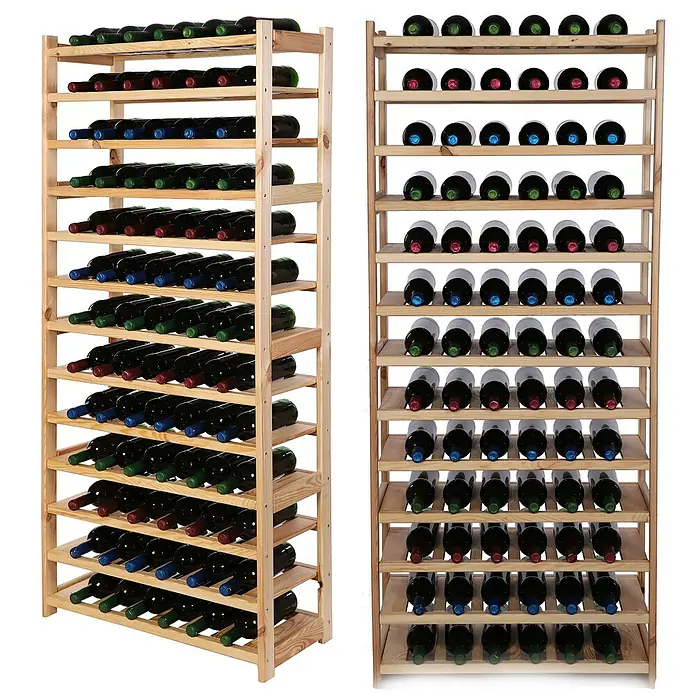 Proregal Flaschenregal Weinregal SPREEWALD für 78 Flaschen - L x B x H: 33 x 70 x 163 cm, Holz, Anzahl Böden: 13 Stk. - Zwei hölzerne Weinregale gefüllt mit Weinflaschen, ideal für die stilvolle Lagerung von Weinen.