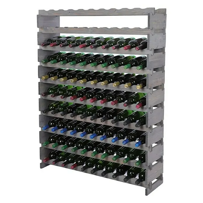 Proregal Flaschenregal Weinregal VINOTECA FLEX PRO für 100 Flaschen - L x B x H: 28 x 103 x 135 cm, Holz, Anzahl Böden: 10 Stk. - Ein graues Holzweinregal mit mehreren Ebenen, gefüllt mit Weinflaschen verschiedener Farben. Perfekt für Weinliebhaber zur stilvollen Lagerung.
