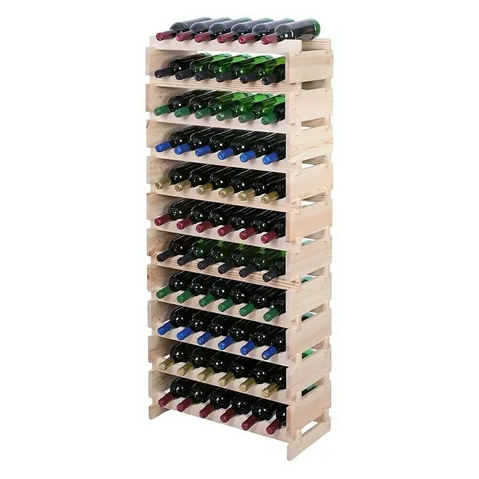 Proregal Flaschenregal Weinregal VINOTECA FLEX PRO für 66 Flaschen - L x B x H: 28 x 65 x 149 cm, Holz, Anzahl Böden: 11 Stk. - Ein hoher, hölzerner Weinregal mit mehreren Reihen von Weinflaschen, die in verschiedenen Farben präsentiert werden.