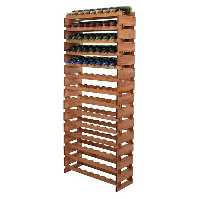 Proregal Flaschenregal Weinregal VINOTECA FLEX PRO für 112 Flaschen - L x B x H: 28 x 84 x 191 cm, Holz, Anzahl Böden: 14 Stk. - Ein hochformatiges Bild eines hölzernen Weinflaschenregals, das mit Weinflaschen gefüllt ist und für die Lagerung von Weinflaschen entworfen wurde.