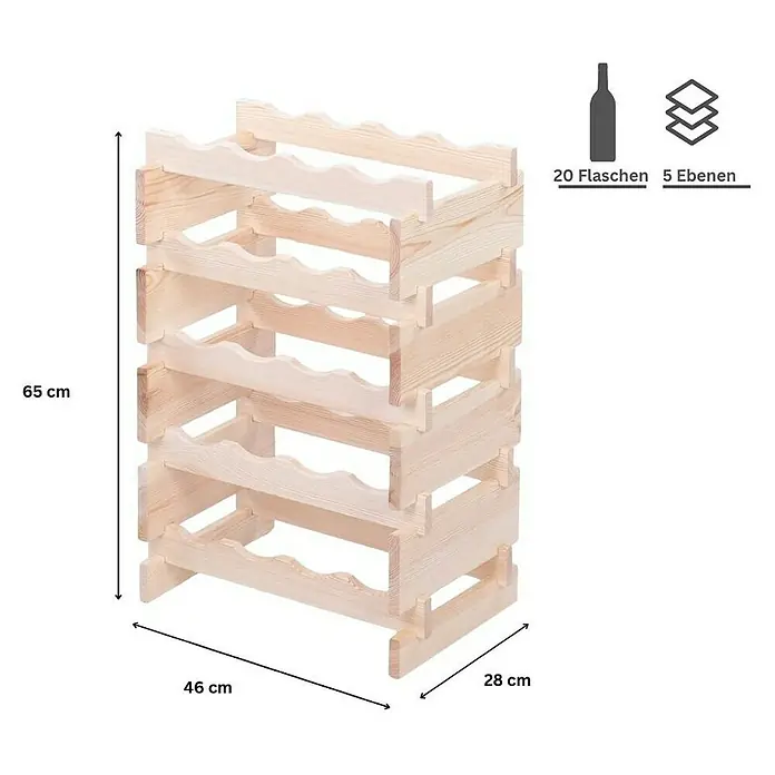 Proregal Flaschenregal Weinregal VINOTECA FLEX PRO für 20 Flaschen - L x B x H: 28 x 46 x 65 cm, Holz, Anzahl Böden: 5 Stk. - Produktfoto eines Weinregals aus hellem Holz mit den Maßen 65 cm Höhe, 46 cm Breite und 28 cm Tiefe.