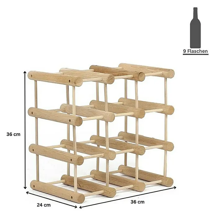 Proregal Flaschenregal Modulares Weinregal VINOTECA MOD für 1x 9 Flaschen - Holz - Bild eines Weinflaschenregals aus hellem Holz, geeignet für 9 Flaschen. Das Regal ist 36 cm hoch, 24 cm breit und 36 cm tief.