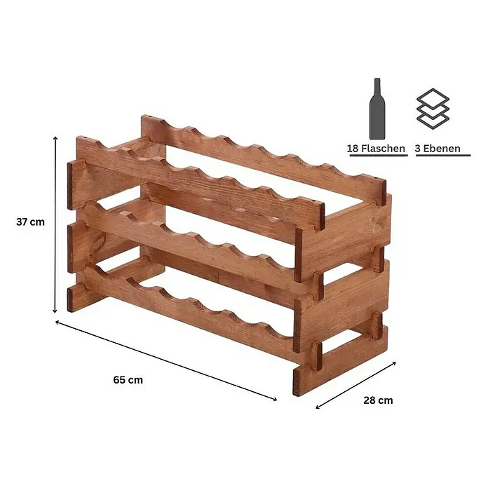 Weinregal VINOTECA FLEX PRO | HxBxT 37x65x28cm | 18 Flaschen auf 3 Ebenen | Massives Kiefernholz | Braun geölt -  - Ein braunes, dreistöckiges Weinregal aus Holz bietet Platz für 18 Flaschen und hat die Maße 37 x 65 x 28 cm.