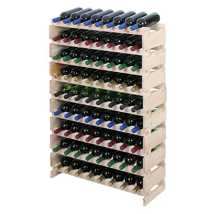 Proregal Flaschenregal Weinregal VINOTECA FLEX PRO für 72 Flaschen - L x B x H: 28 x 84 x 121 cm, Holz, Anzahl Böden: 9 Stk. - Das Bild zeigt ein hölzernes Weinregal, das mit mehreren Weinflaschen gefüllt ist, die zur Lagerung und Präsentation von Wein dienen.