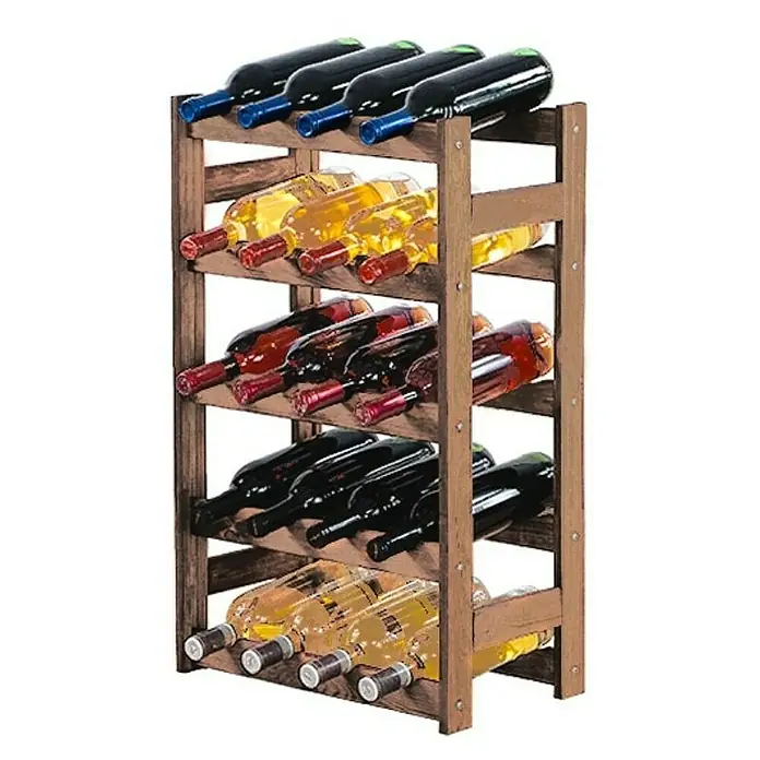Proregal Flaschenregal Weinregal PINOTWINE für 20 Flaschen - Holz - Ein hölzernes Weinregal, gefüllt mit verschiedenen Weinflaschen, die horizontal gelagert werden, um die Korken feucht zu halten.