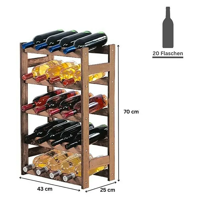 Proregal Flaschenregal Weinregal PINOTWINE für 20 Flaschen - Holz - Weinregal aus Holz mit 5 Ebenen für 20 Flaschen Wein. Das Weinregal ist 70 cm hoch, 43 cm breit und 25 cm tief.