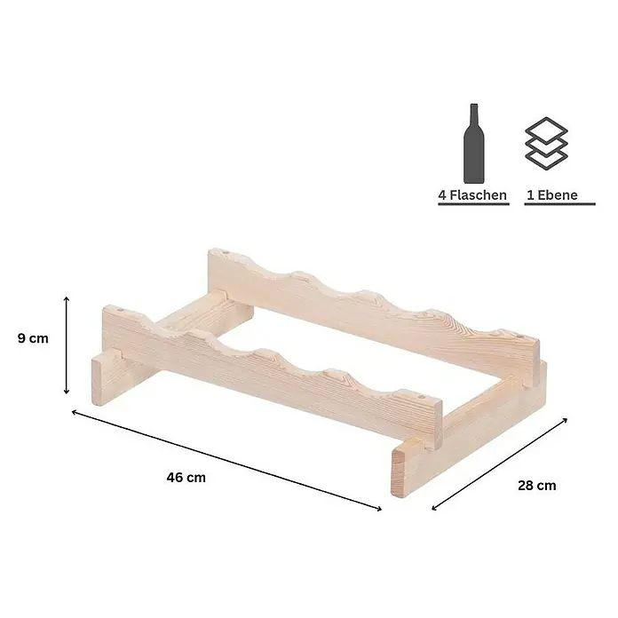 Proregal Flaschenregal Weinregal VINOTECA FLEX PRO für 4 Flaschen - L x B x H: 28 x 46 x 9 cm, Holz, Anzahl Böden: 1 Stk. - Ein hölzernes Weinregal für 4 Flaschen, mit den Maßen 46 cm Länge, 28 cm Breite und 9 cm Höhe, ideal für die stilvolle Lagerung Ihrer Weine.