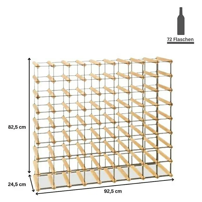 Proregal Flaschenregal Modulares Weinregal VINOTECA MOD METAL für 9x8 Flaschen - L x B x H: 24,5 x 92,5 x 82,5 cm, Holz - Abbildung eines Weinregals aus Holz und Metall mit den Maßen 92,5 x 24,5 x 82,5 cm zur Aufbewahrung von bis zu 72 Flaschen.