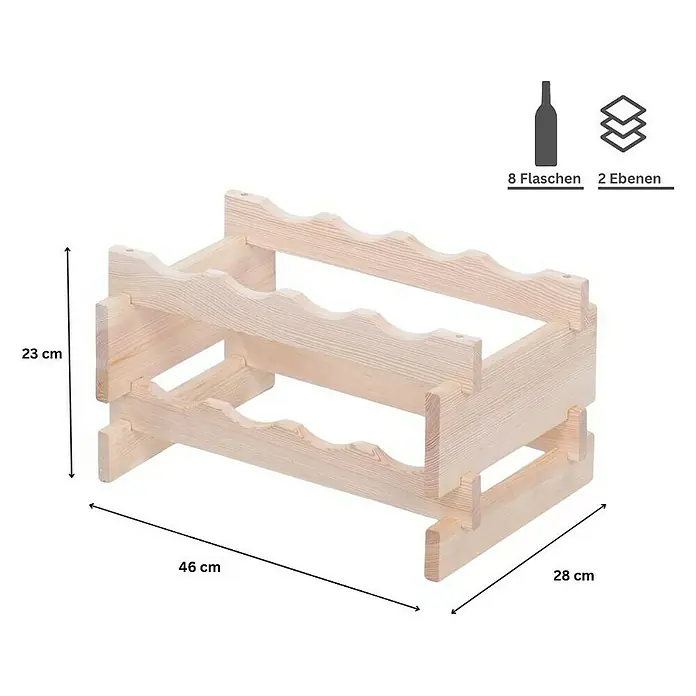 Proregal Flaschenregal Weinregal VINOTECA FLEX PRO für 8 Flaschen - L x B x H: 28 x 46 x 23 cm, Holz, Anzahl Böden: 2 Stk. - Produktabbildung eines hölzernen Weinregals für 8 Flaschen mit zwei Ebenen und den Maßen 23 x 46 x 28 cm.