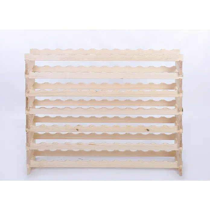 Proregal Flaschenregal Weinregal VINOTECA FLEX PRO für 84 Flaschen - L x B x H: 28 x 123 x 93 cm, Holz, Anzahl Böden: 7 Stk. - Nahaufnahme eines unbehandelten hölzernen Weinregals mit mehreren Ebenen und wellenförmigen Halterungen, das viel Stauraum für Flaschen bietet.